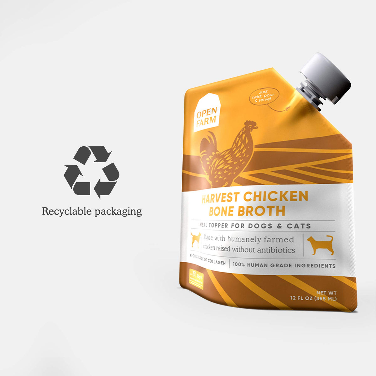 Upgrade your pet's meals with Open Farm Chicken Bone Broth, made from humanely farmed chickens. Available at Curat Cart.