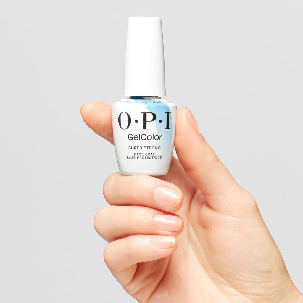 A hand holds OPI GelColor Super Strong Base Coat, perfect for durability and long-lasting adhesion. Verified by CuratCart.