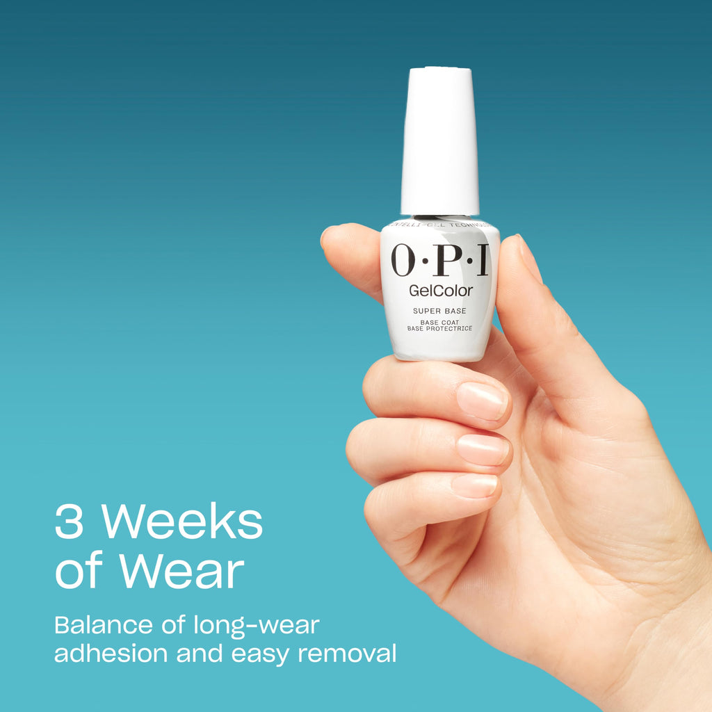 OPI GelColor Base Coat displayed in a hand against a blue background, ensuring 3 weeks of wear with easy removal.