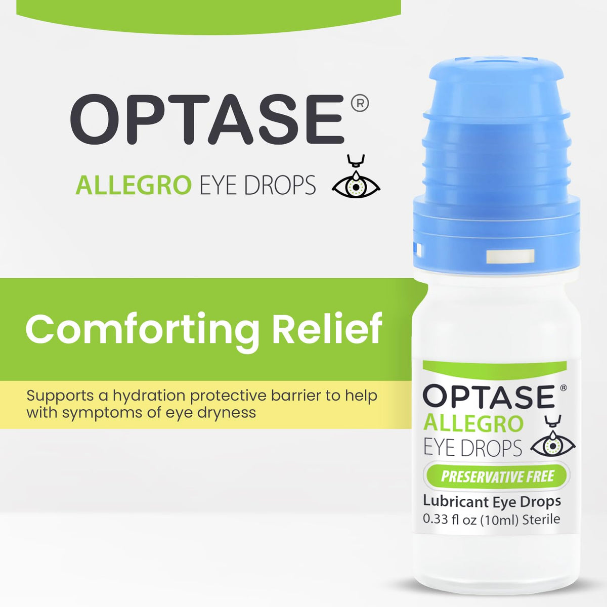 Optase Allegro Lubricant Eye Drops in official packaging, providing comforting relief for dry eyes. Available at Curat Cart.