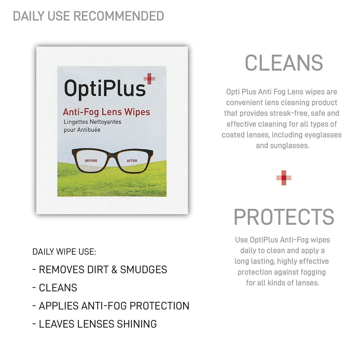 OptiPlus Anti Fog Cleaning Wipes, specially curated by Curat Cart, effectively clean lenses and protect against fogging. Perfect for eyeglasses.