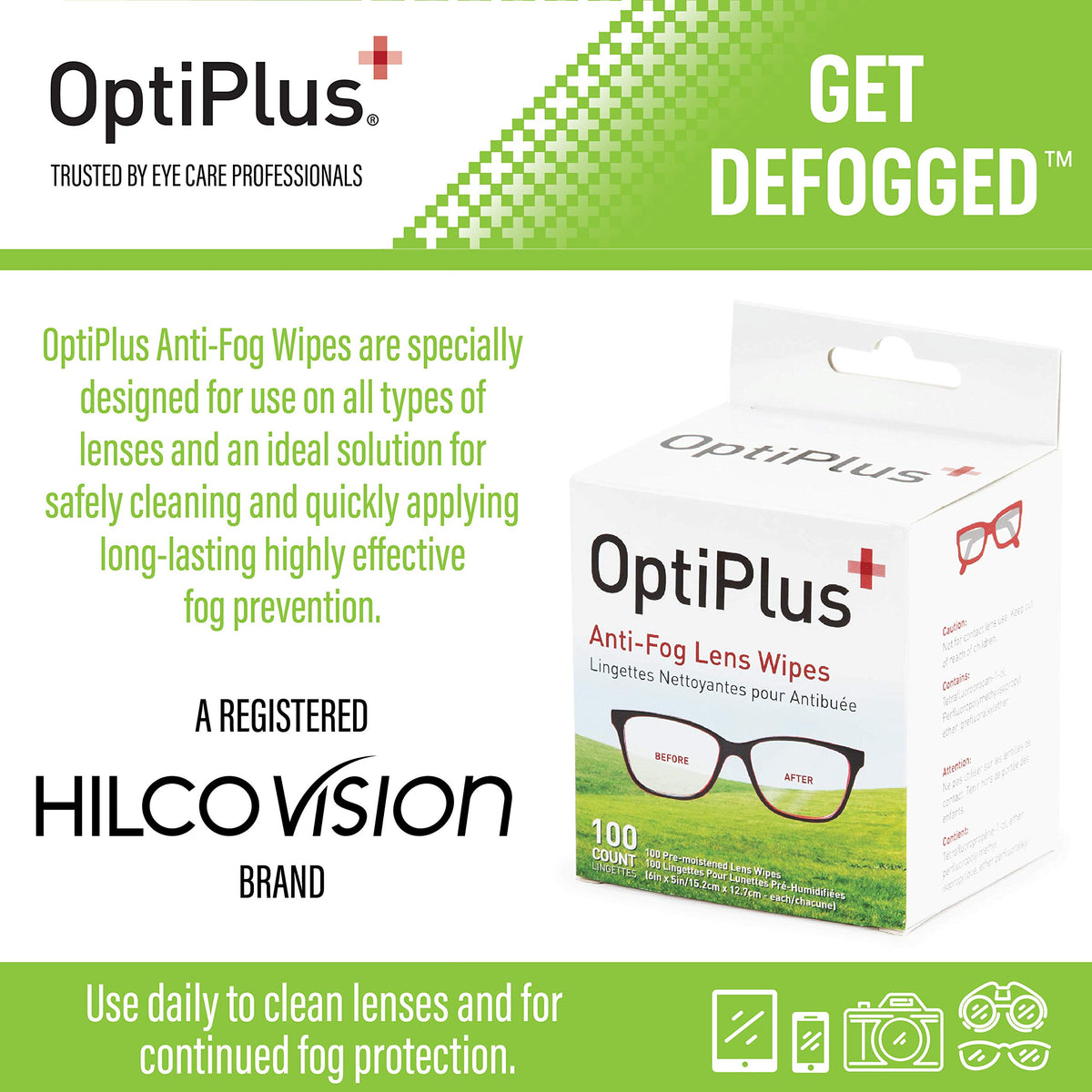 OptiPlus Anti Fog Cleaning Wipes, trusted by professionals, available at Curat Cart for effective lens cleaning in India.