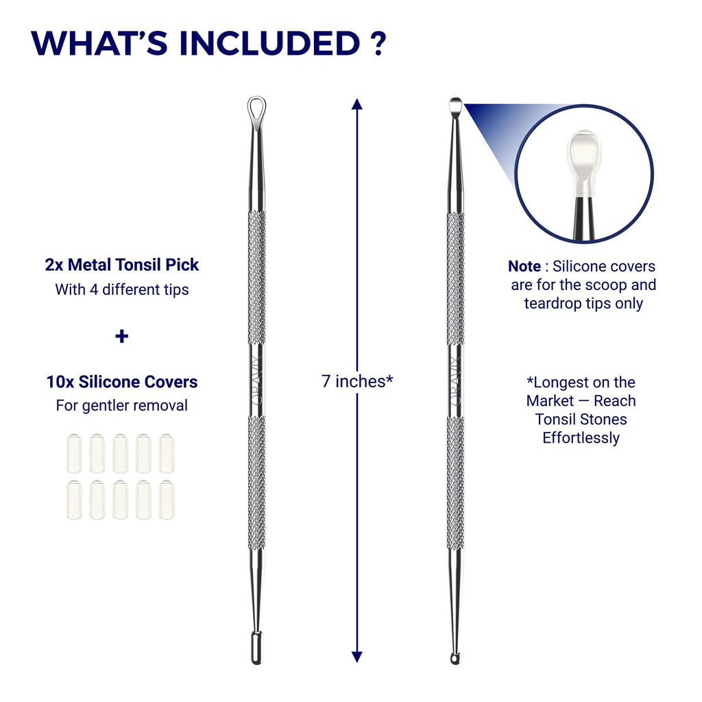 Oravix Tonsil Stone Remover Tool set includes 2 metal picks with silicone covers for safe use. 100% Authentic, available at Curat Cart.