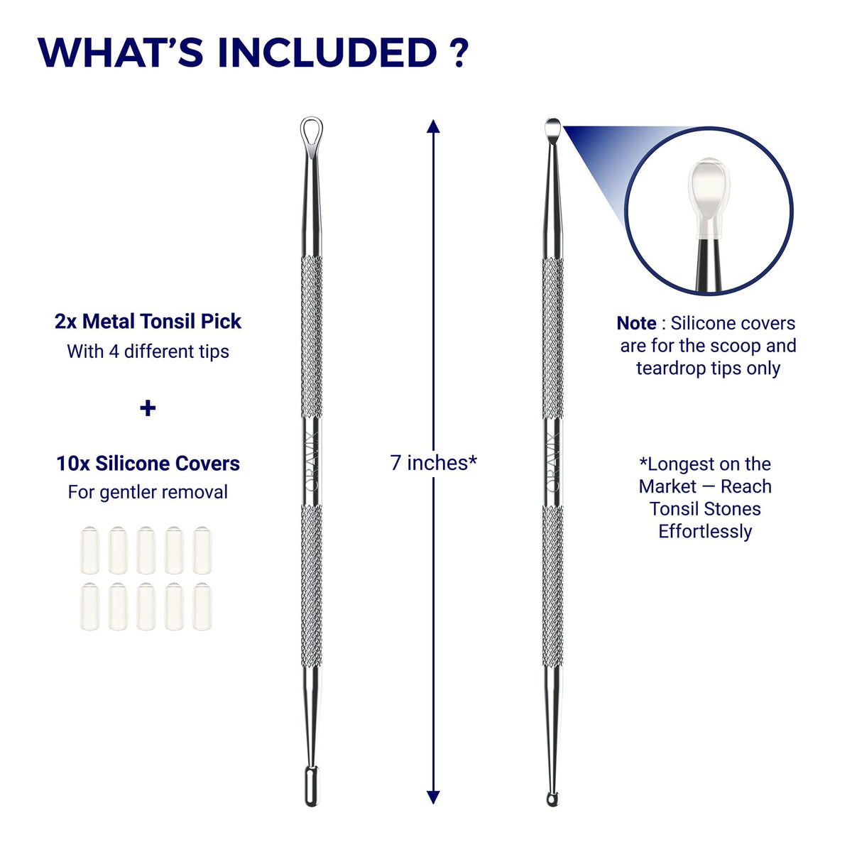 Oravix Tonsil Stone Remover Tool set includes 2 metal picks with silicone covers for safe use. 100% Authentic, available at Curat Cart.