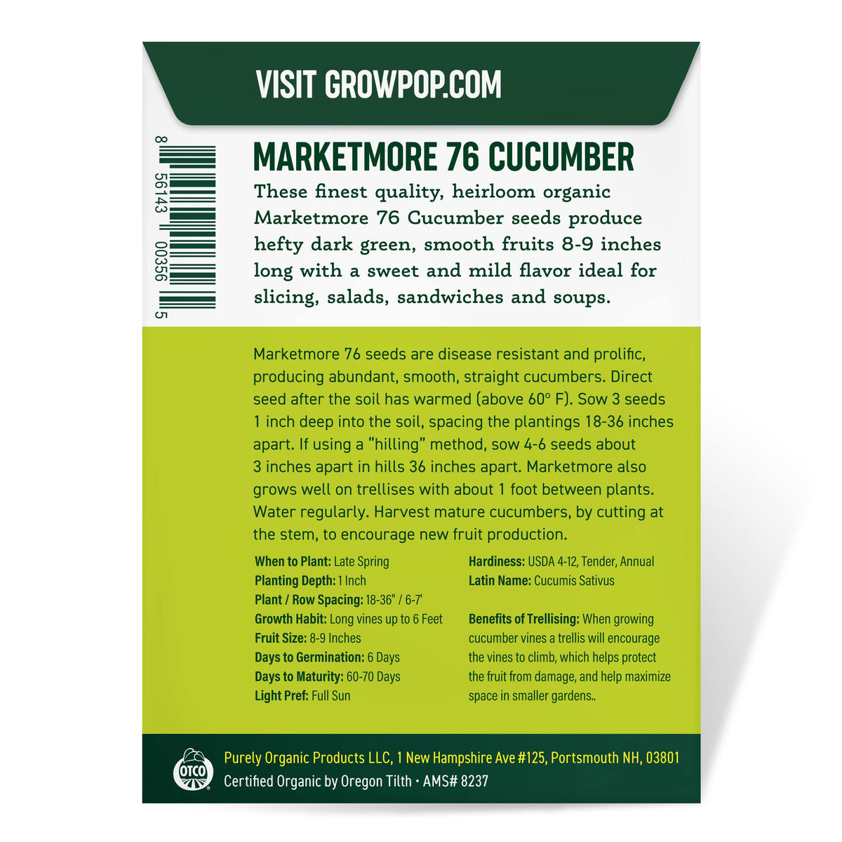 Organic Cucumber Seeds Marketmore 76 in official packaging, ideal for healthy salads and sandwiches. Available at Curat Cart.
