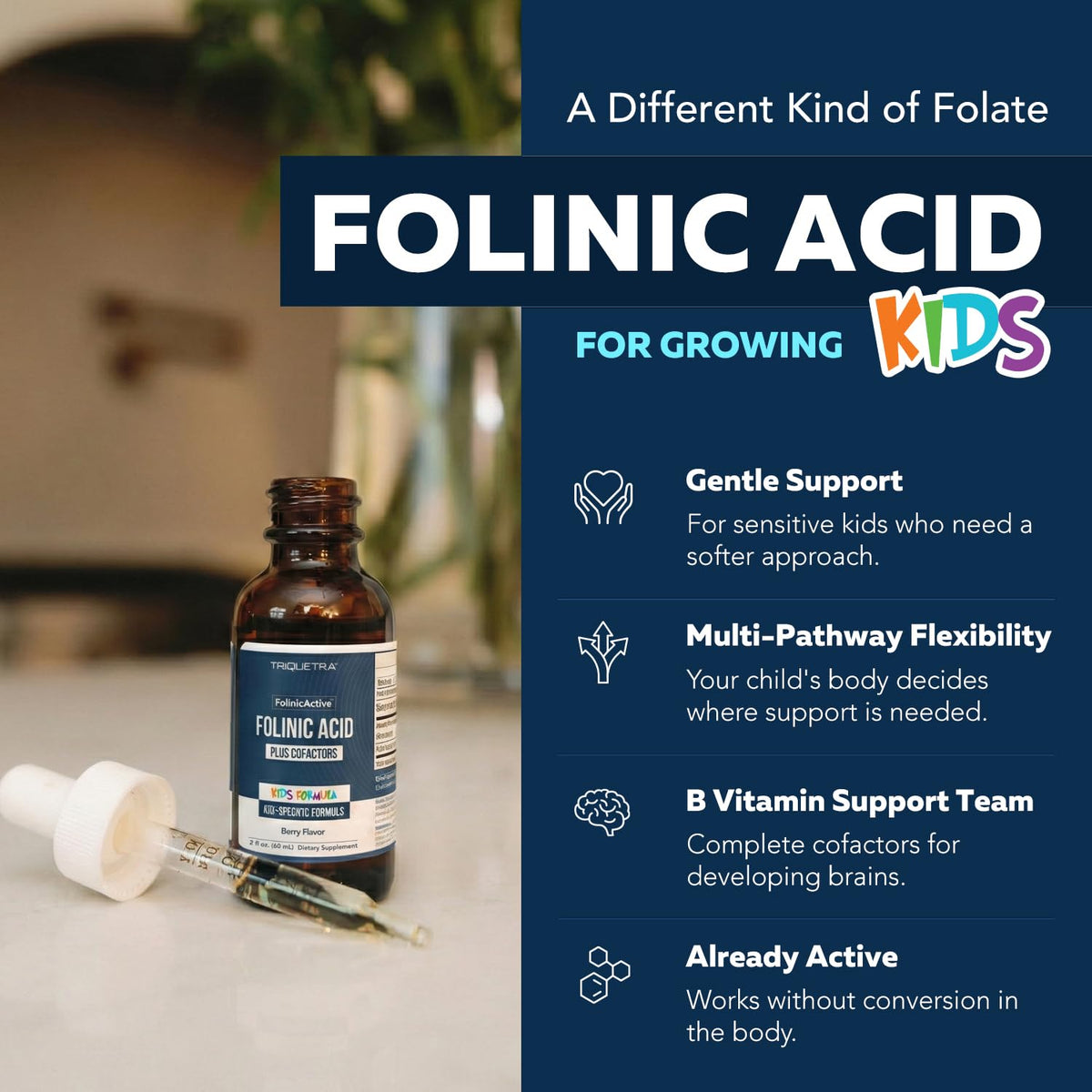 Premium imported Folinic Acid supports sensitive kids' growth with B vitamins for developing brains.