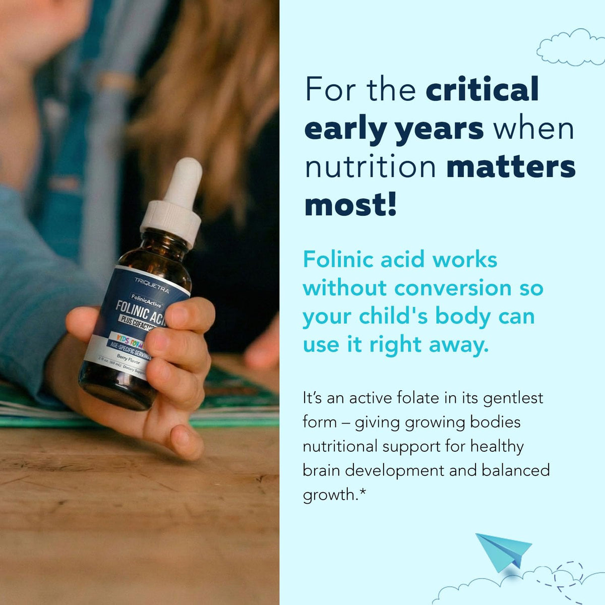 Original packaging of Organic Folinic Active Kids promoting essential nutrition for healthy brain development.