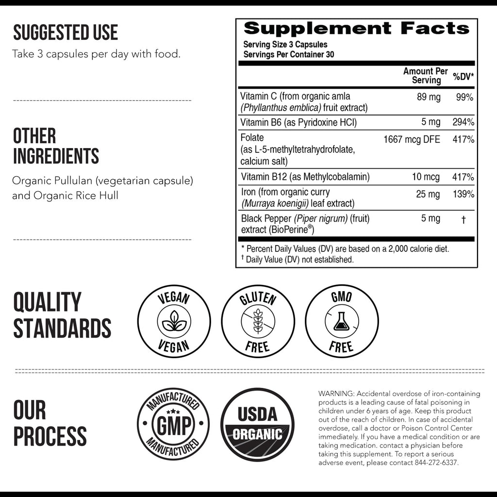 Organic Iron Supplement in official packaging with detailed supplement facts, available at Curat Cart for quality health support.