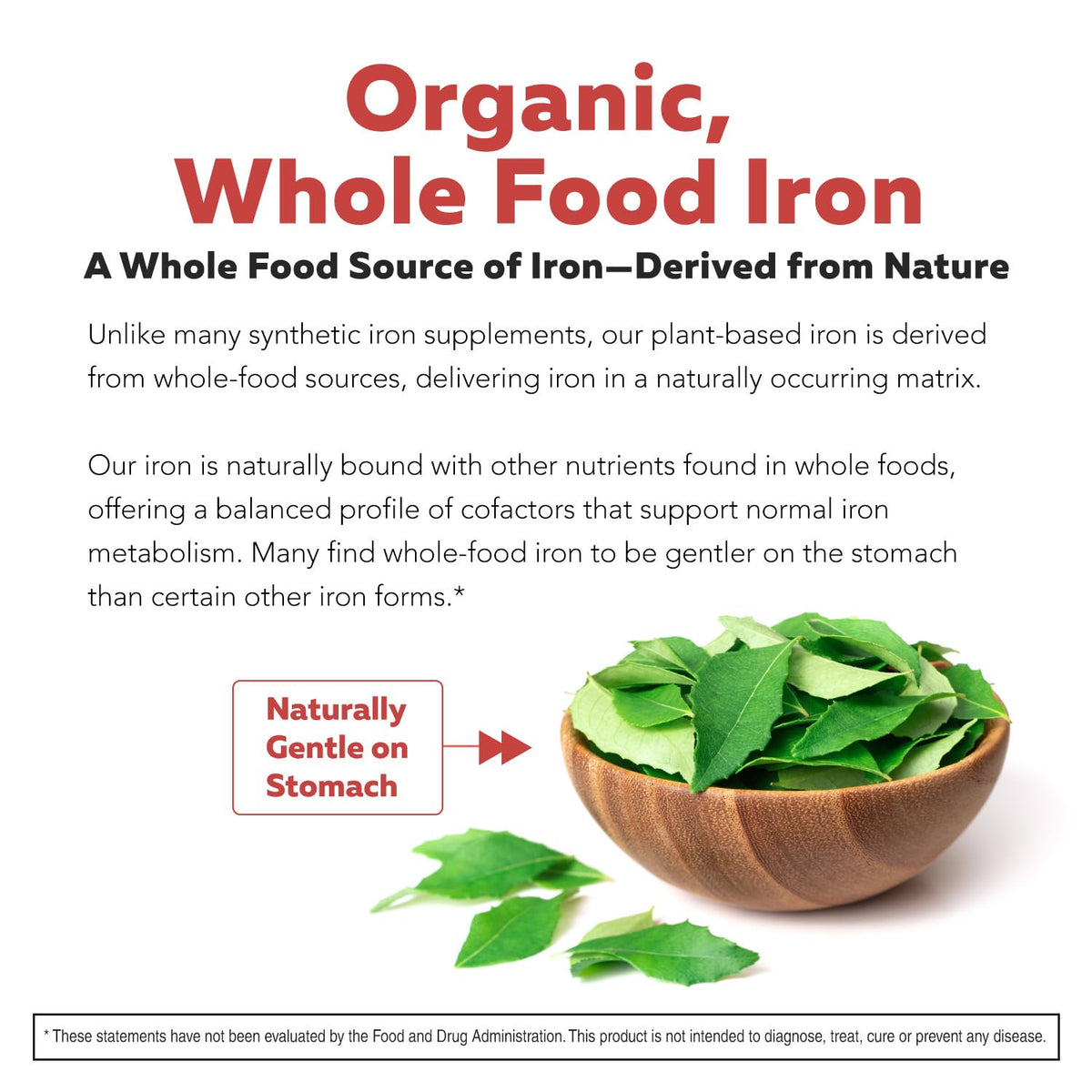 Premium organic iron supplement in official packaging, featuring a whole food source for gentle stomach support. Available at Curat Cart.