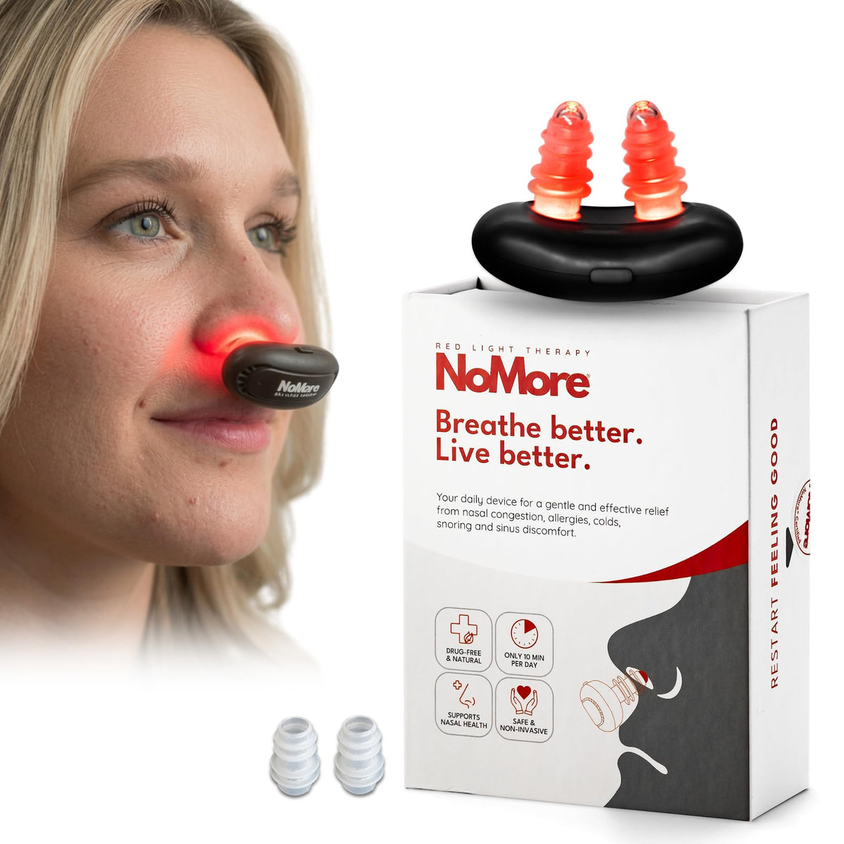 Discover the premium imported NoMore Red Light Therapy Device for effective relief from snoring and nasal congestion at Curat Cart.
