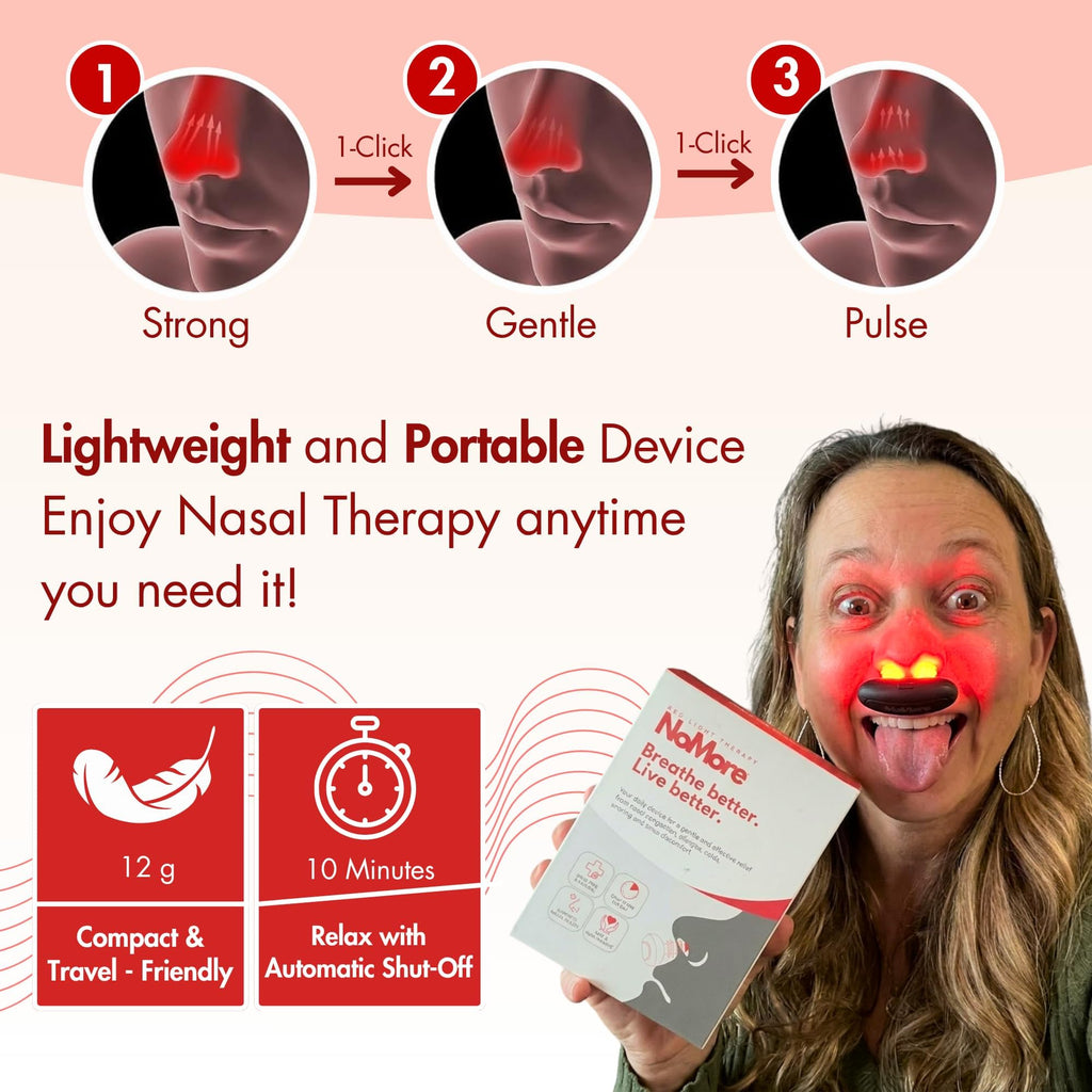 Experience effective nasal therapy with the NoMore Red Light Therapy Device, perfect for daily use. Available at Curat Cart.