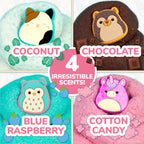 Experience the delightful Original Squishmallows in four irresistible scents: Coconut, Chocolate, Blue Raspberry, and Cotton Candy.