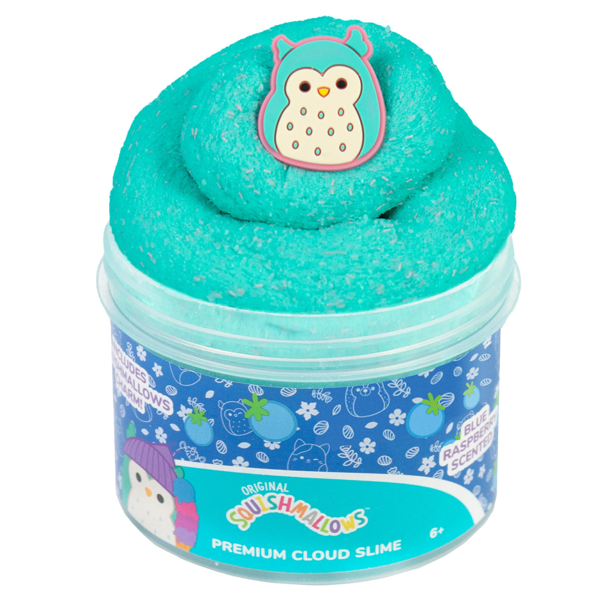 Official Original Squishmallows Premium Cloud Slime in vibrant blue, featuring raspberry scent and adorable owl topper.