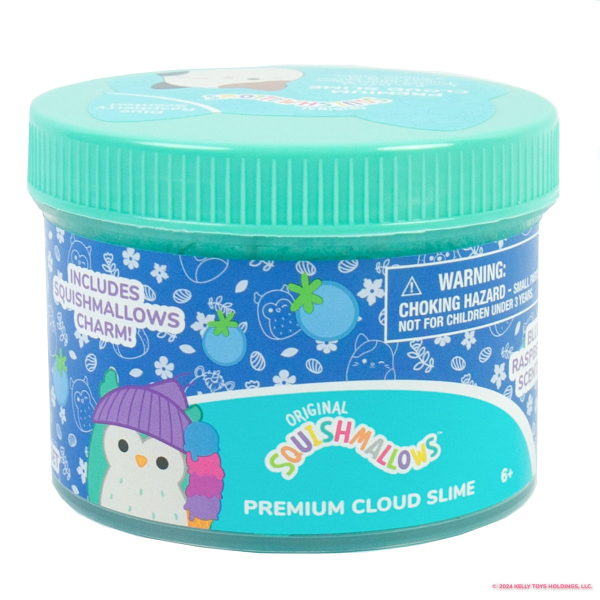 Original Squishmallows Premium Cloud Slime in a teal container, featuring a cute owl design and charm. Imported delight!