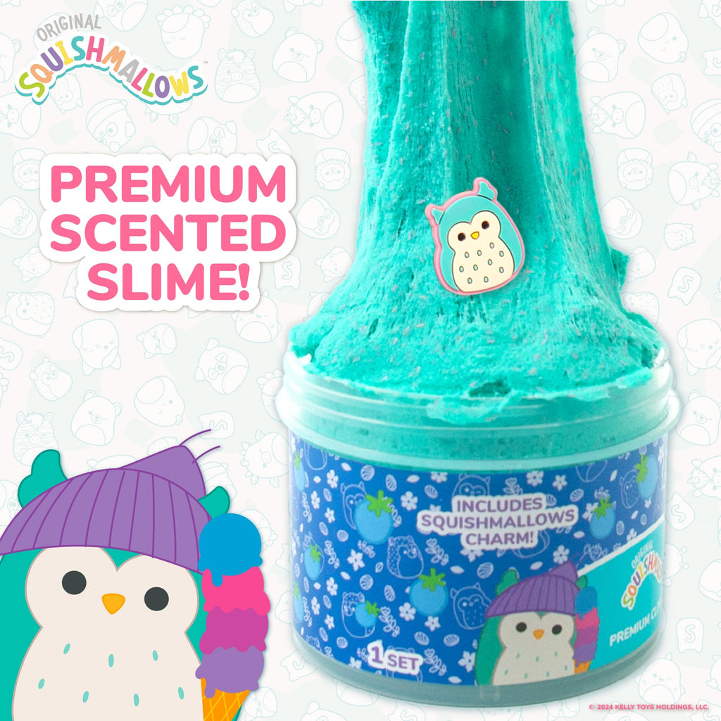 Experience the fun of Original Squishmallows Premium Scented Slime. This vibrant blue slime comes with a Squishmallows charm, perfect for sensory play!