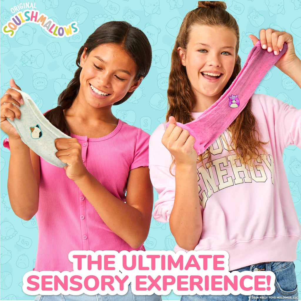 Two smiling girls showcase the Original Squishmallows Premium Cloud Sli, emphasizing its fun, sensory qualities and vivid colors.