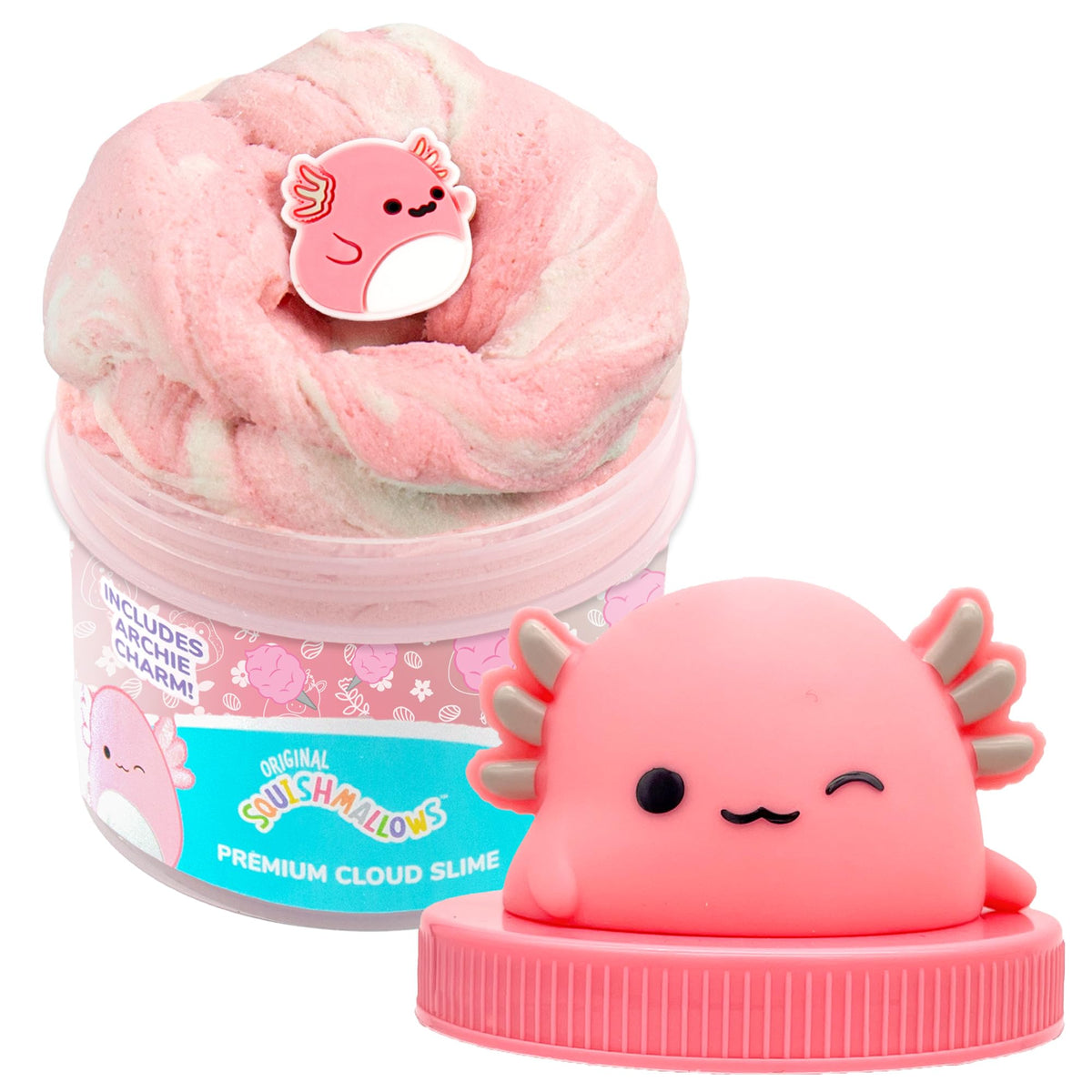 Explore the Original Squishmallows Scented Slime Jar, featuring fluffy pink cloud slime and a charming collectible figure.