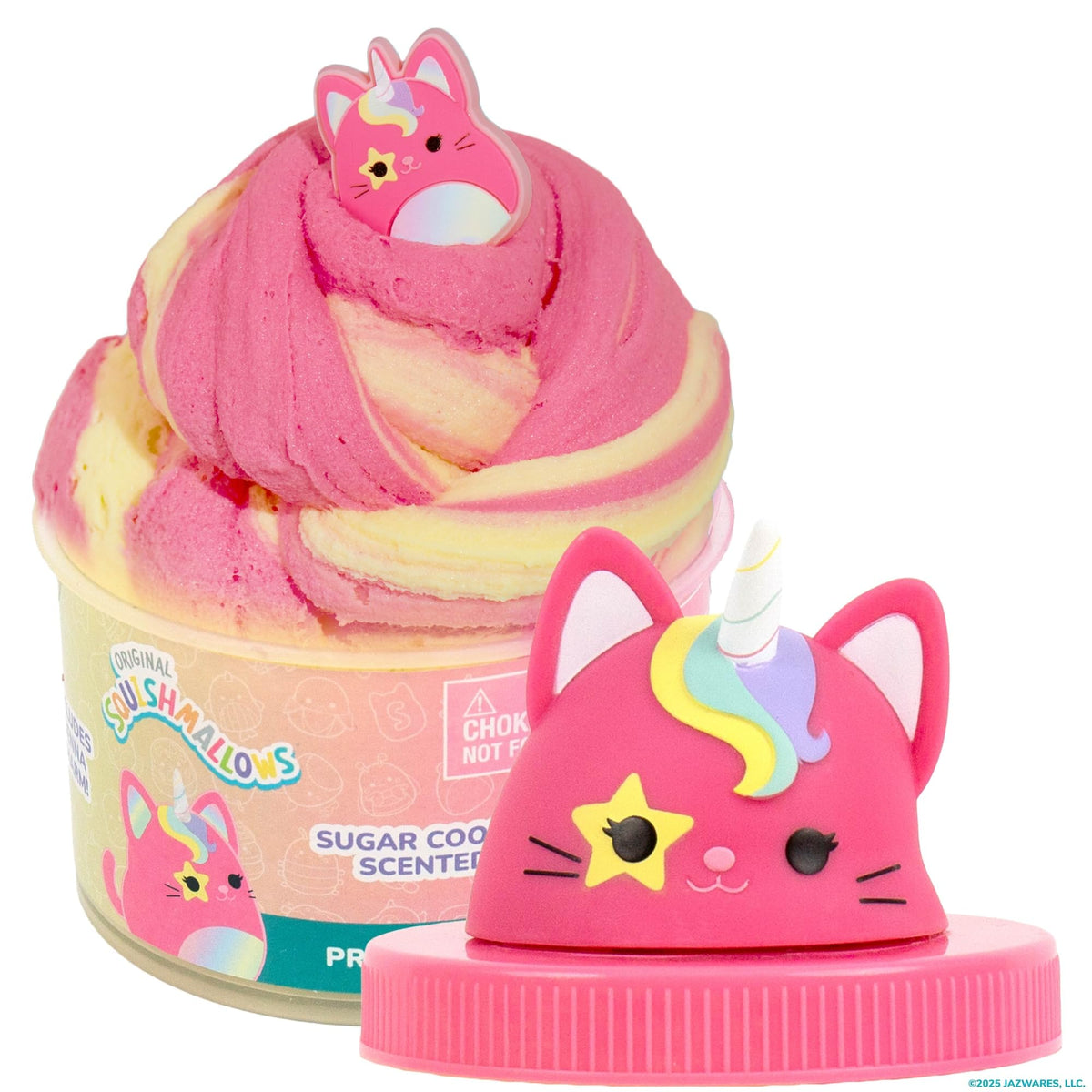 Creamy pink and yellow scented slime in a jar with a cute cat-topper. Order online now! Available in India.
