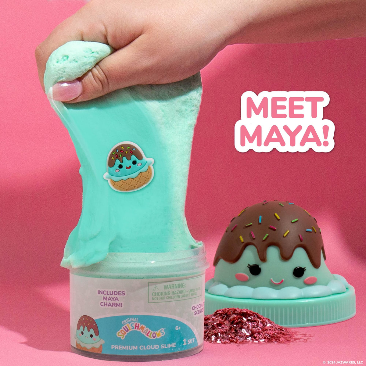 Premium imported Squishmallows Scented Slime Jar featuring Maya, a mint green slime with a charming sprinkle design.
