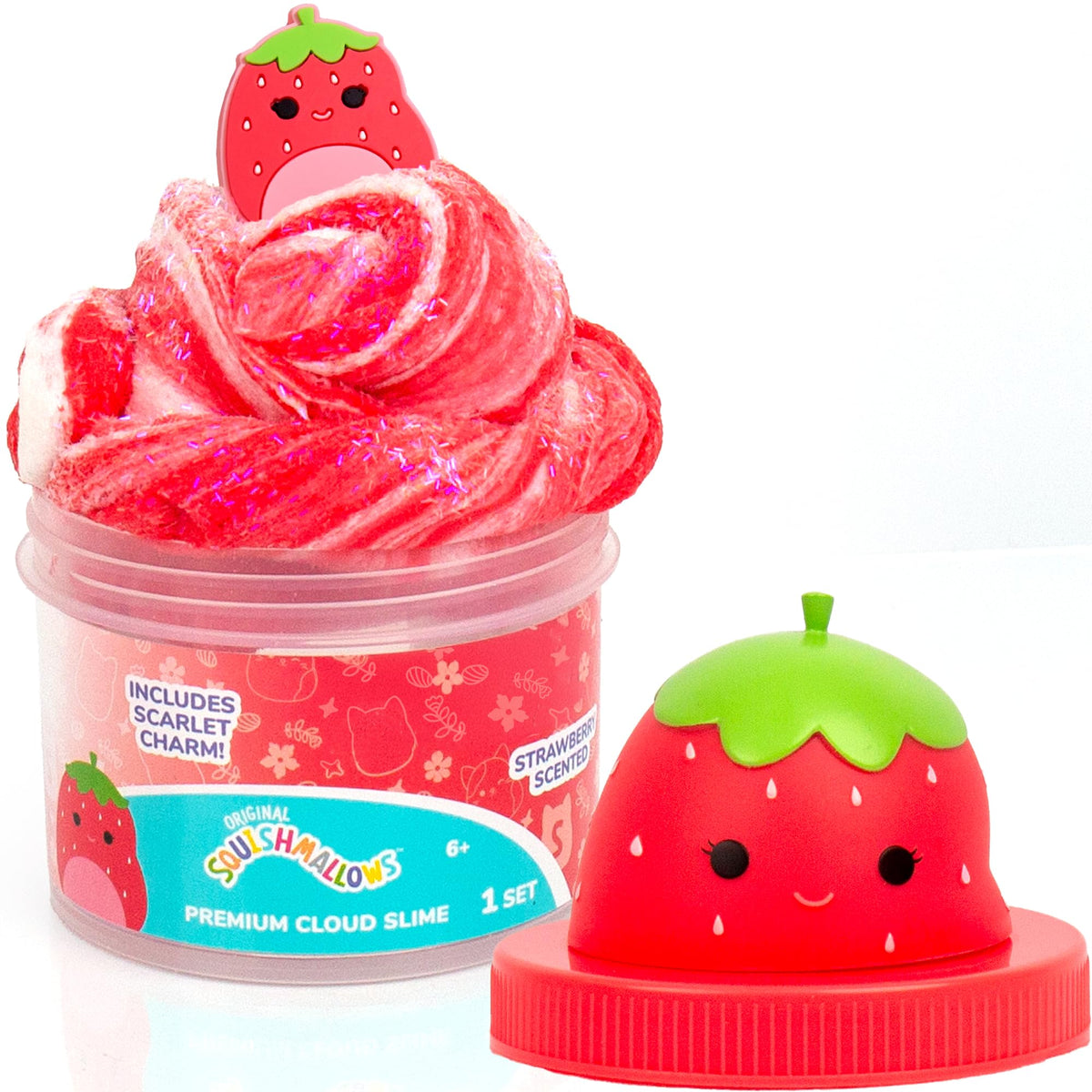 Enjoy the Original Squishmallows Scented Slime Jar with a strawberry scent. Order online and bring home the fun!