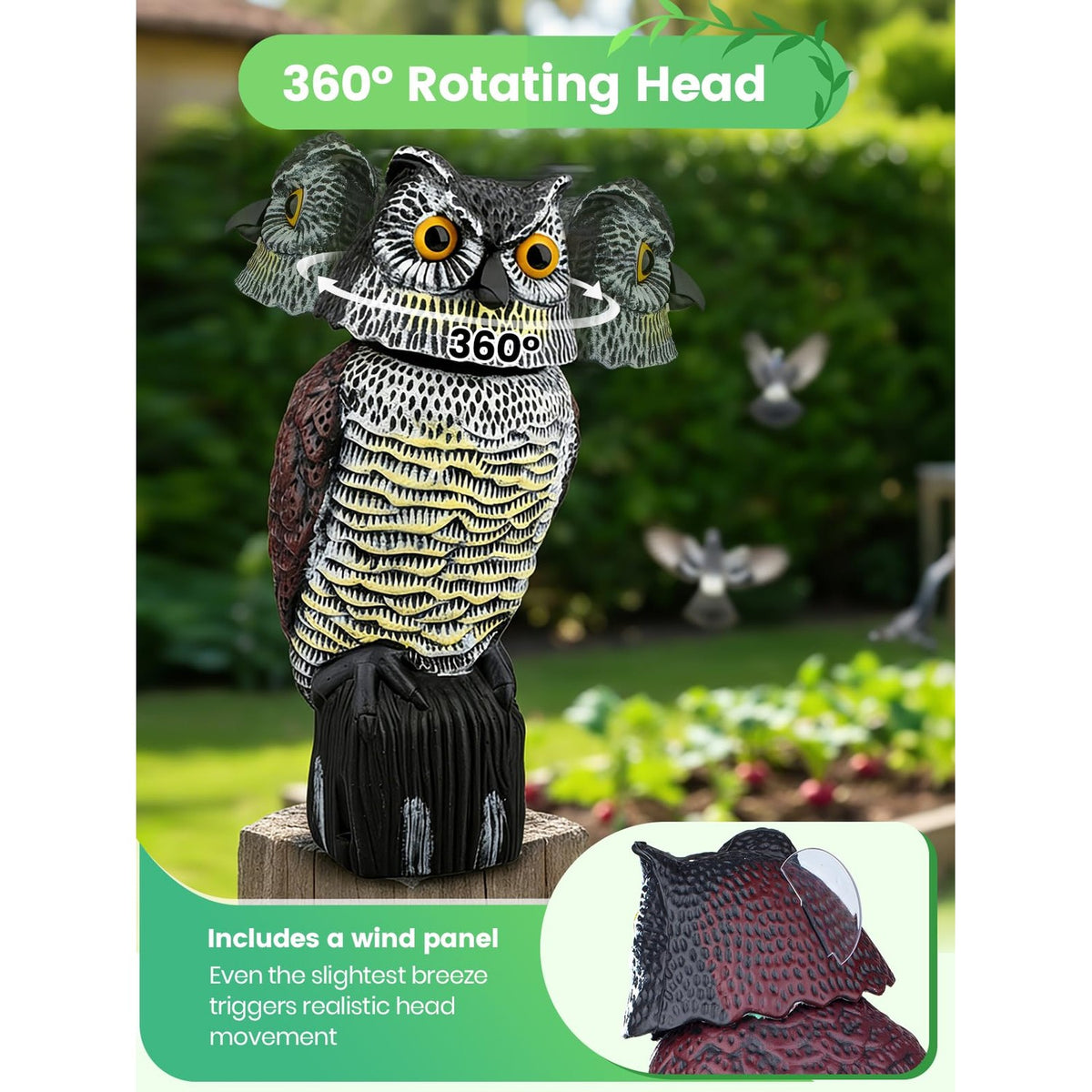 This exclusive owl decoy from Curat Cart features a 360° rotating head and wind panel, effectively scaring away birds. Perfect for gardens.