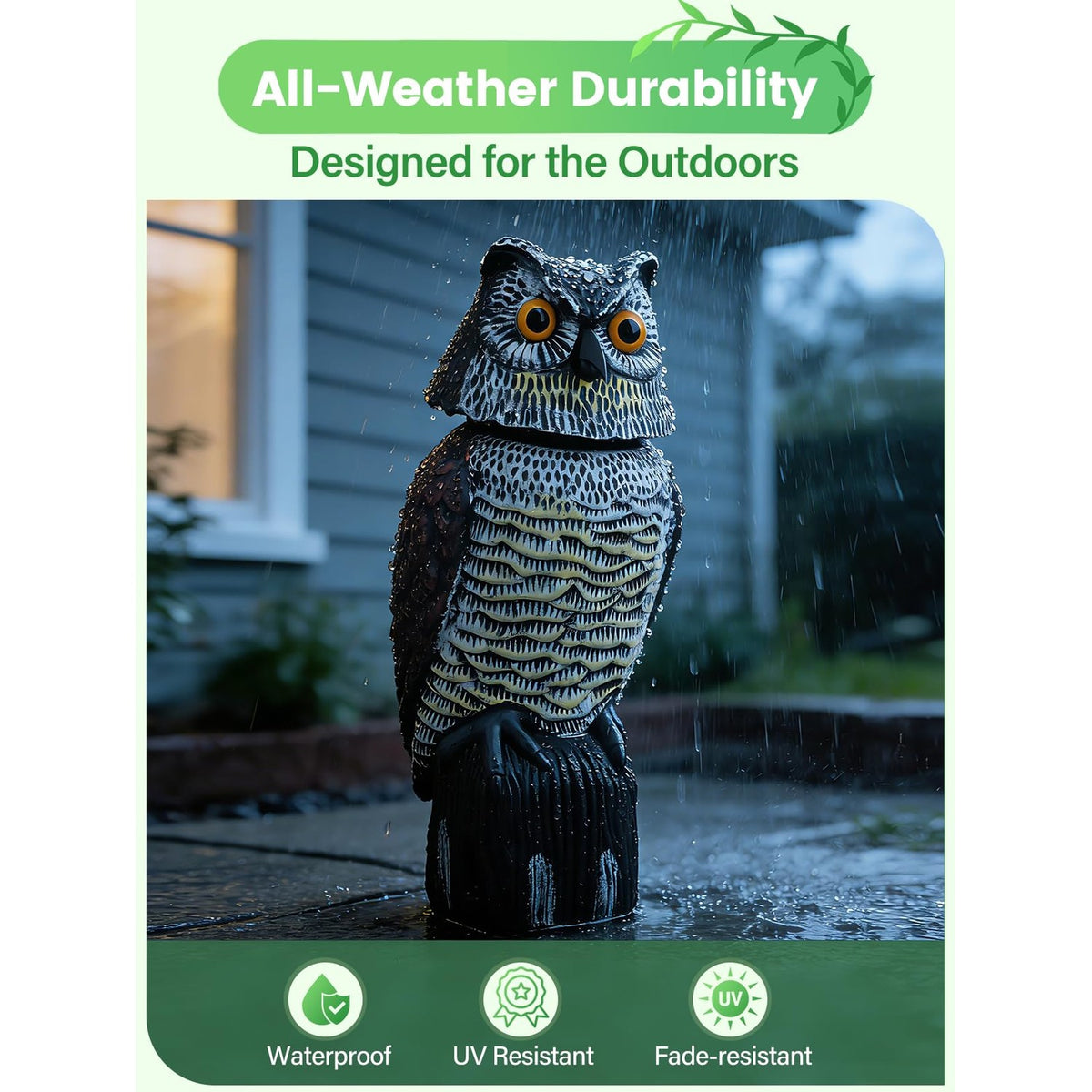 Owl decoy to scare birds, designed for all-weather durability. Perfect for outdoor use. Available at Curat Cart.