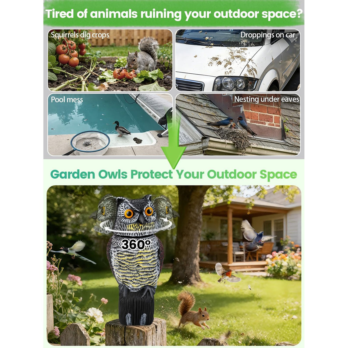 Owl decoys to scare birds, 100% Authentic at Curat Cart, available in India. Protect your garden effectively.