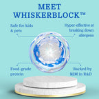 Pacagen Cat Allergen Neutralizing Spray features Whiskerblock™ technology, safe for kids and pets, in official packaging from Curat Cart.