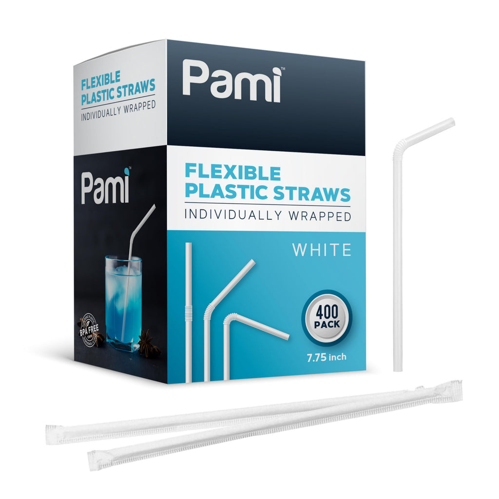 Discover premium imported PAMI Flexible Plastic Straws, individually wrapped for convenience, available at Curat Cart. Elevate your beverage experience.