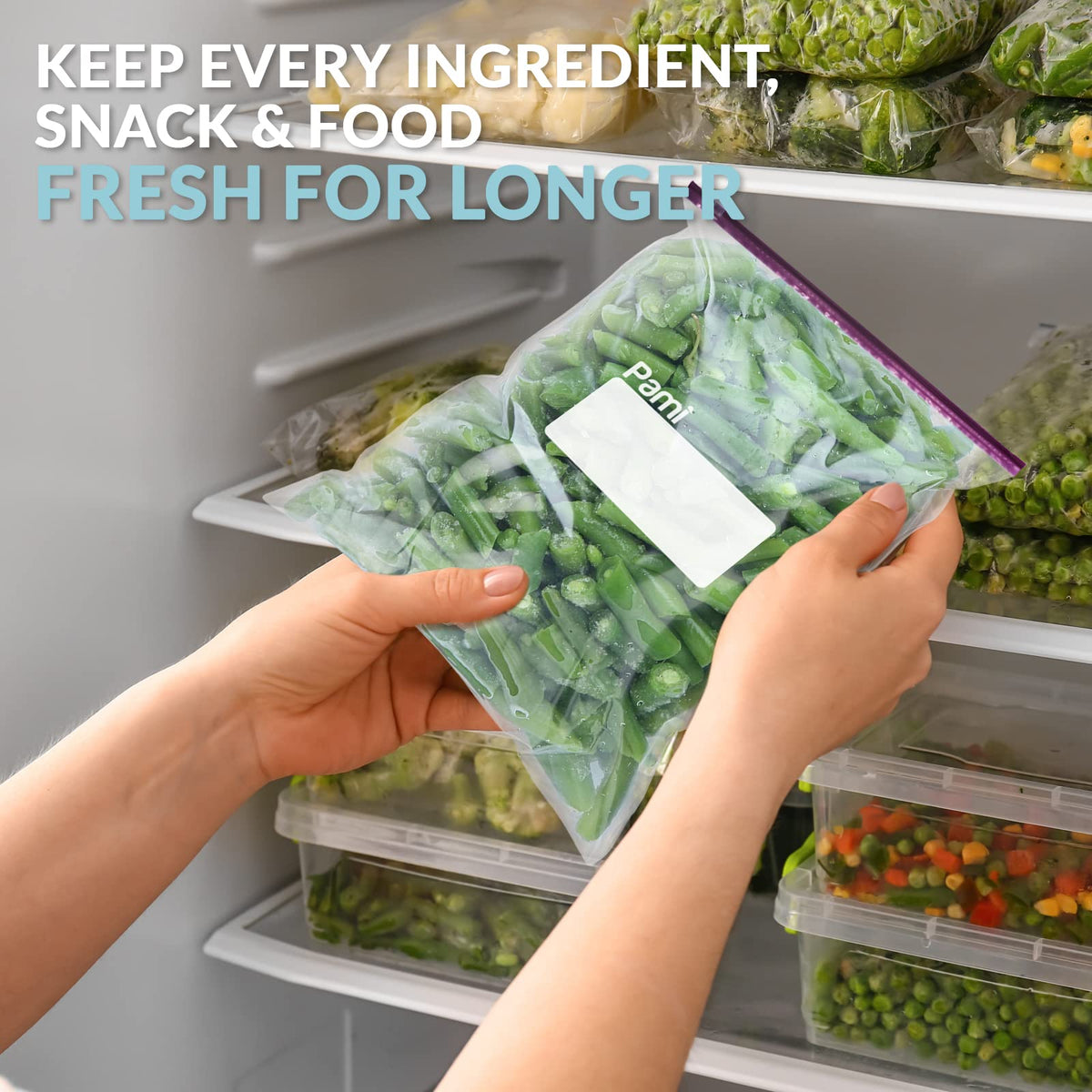 PAMI Jumbo Slider Storage Bags keep ingredients fresh longer, specially curated by Curat Cart for your kitchen needs.