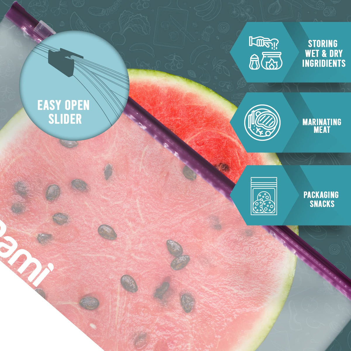 PAMI Jumbo Slider Storage Bags feature an easy open slider, perfect for storing wet and dry ingredients. Available at Curat Cart.