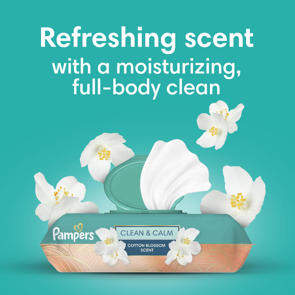 Pampers Wipes Clean & Calm in official packaging, offering a refreshing cotton blossom scent for a full-body clean. Available at Curat Cart.