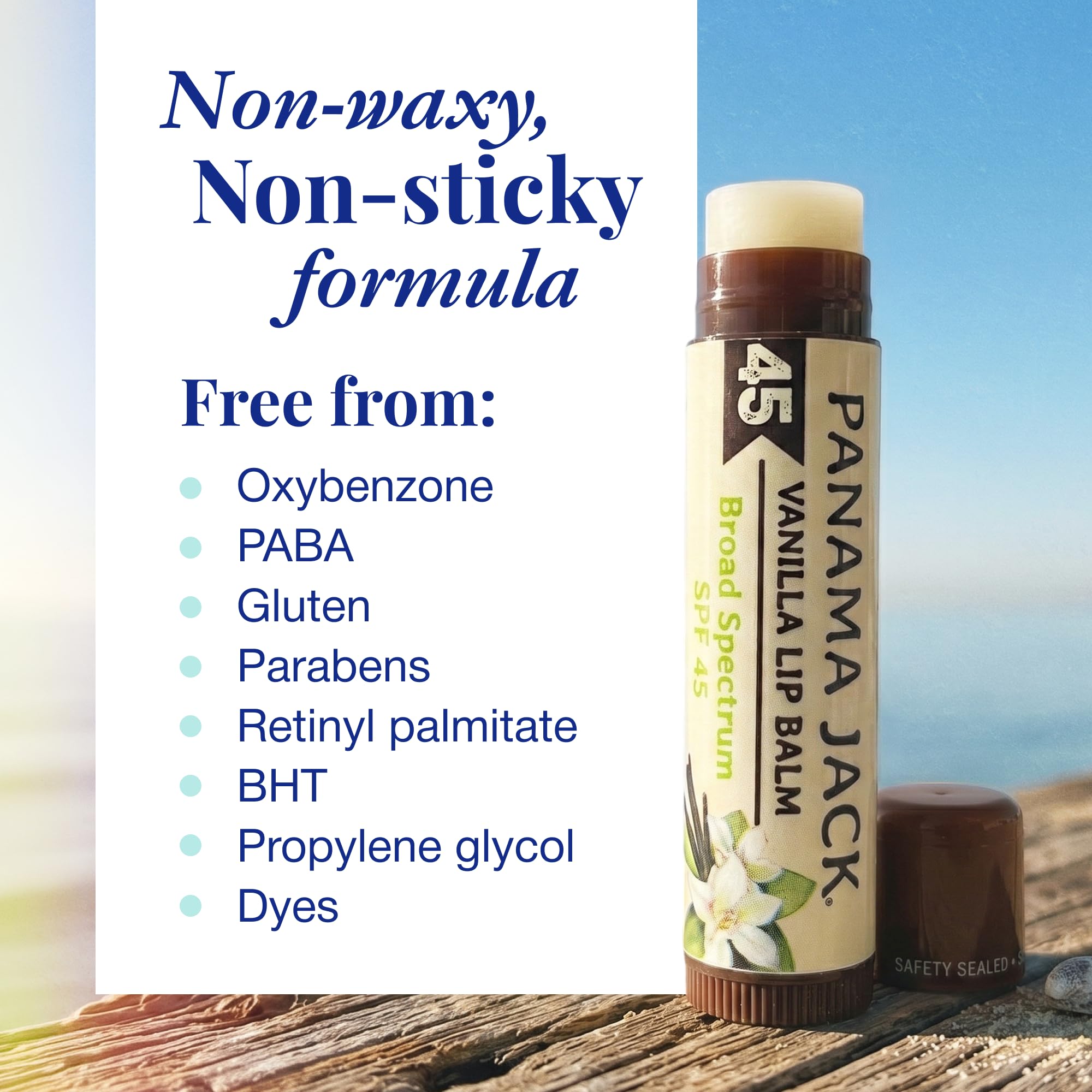 Panama Jack Sunscreen Lip Balm SPF 45 features a non-waxy formula. Free from harmful additives. Verified by CuratCart.