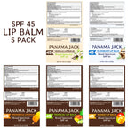 Premium imported Panama Jack lip balm set, SPF 45 with vanilla, flavorless, dreamsicle, tropical, and mango scents.