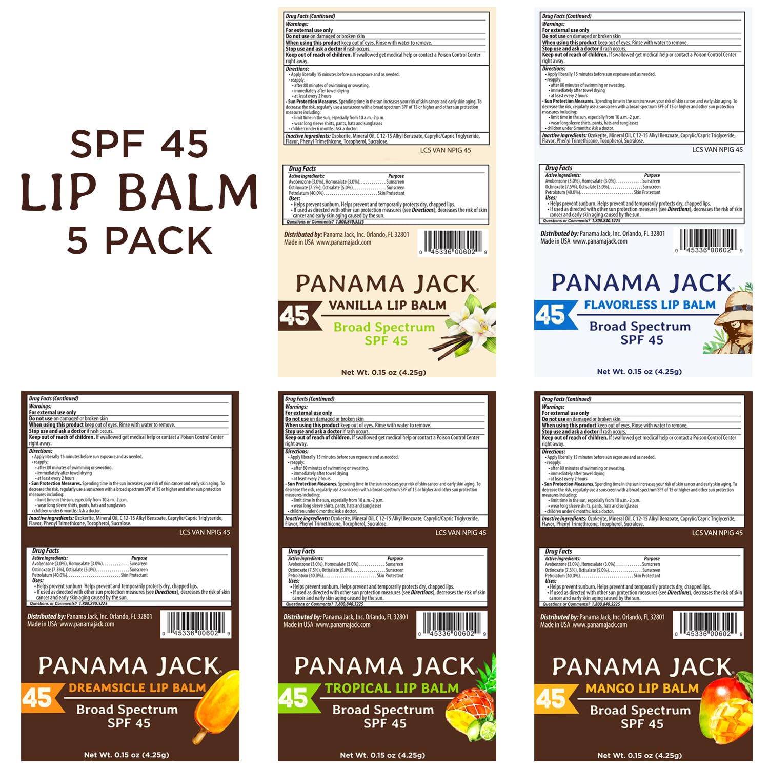 Premium imported Panama Jack lip balm set, SPF 45 with vanilla, flavorless, dreamsicle, tropical, and mango scents.