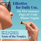 Panama Jack SPF 45 lip balm displayed; effective for daily use in summer and winter, offering vanilla flavor and year-round protection.