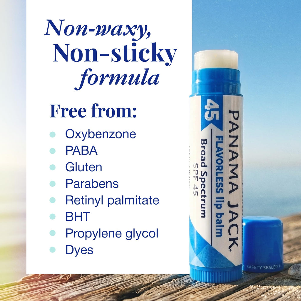 Panama Jack Sunscreen Lip Balm SPF 45 with non-waxy, non-sticky formula; free from harmful chemicals for genuine sun protection.