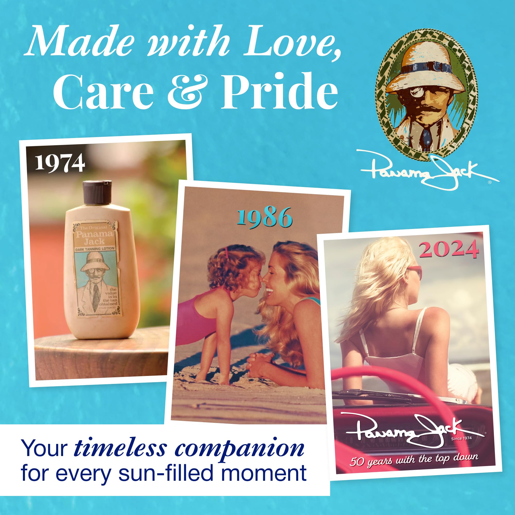 Premium imported Panama Jack Sunscreen Lip Balm SPF 45, celebrating 50 years of sun protection and timeless moments.