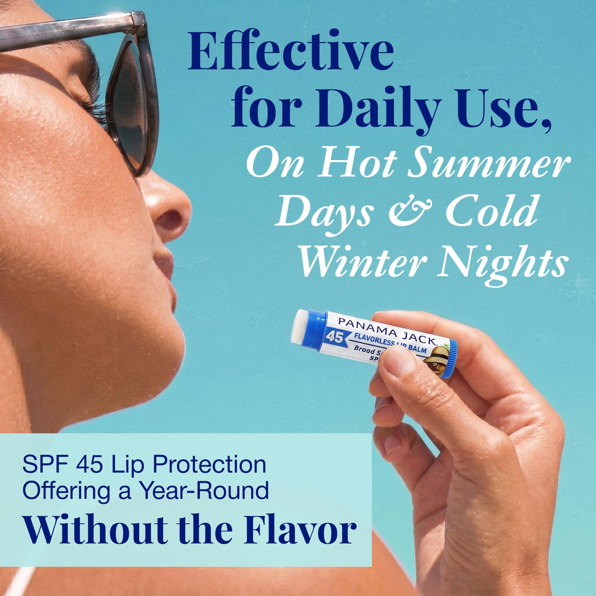 Panama Jack SPF 45 Sunscreen Lip Balm, effective year-round for sun protection on hot and cold days. 100% authentic.