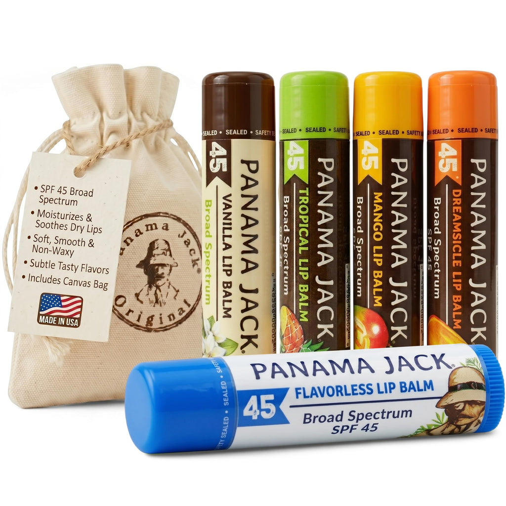 Authentic Panama Jack Sunscreen Lip Balm SPF 45 collection in vibrant flavors, presented with a stylish canvas bag. Perfect for sun protection.