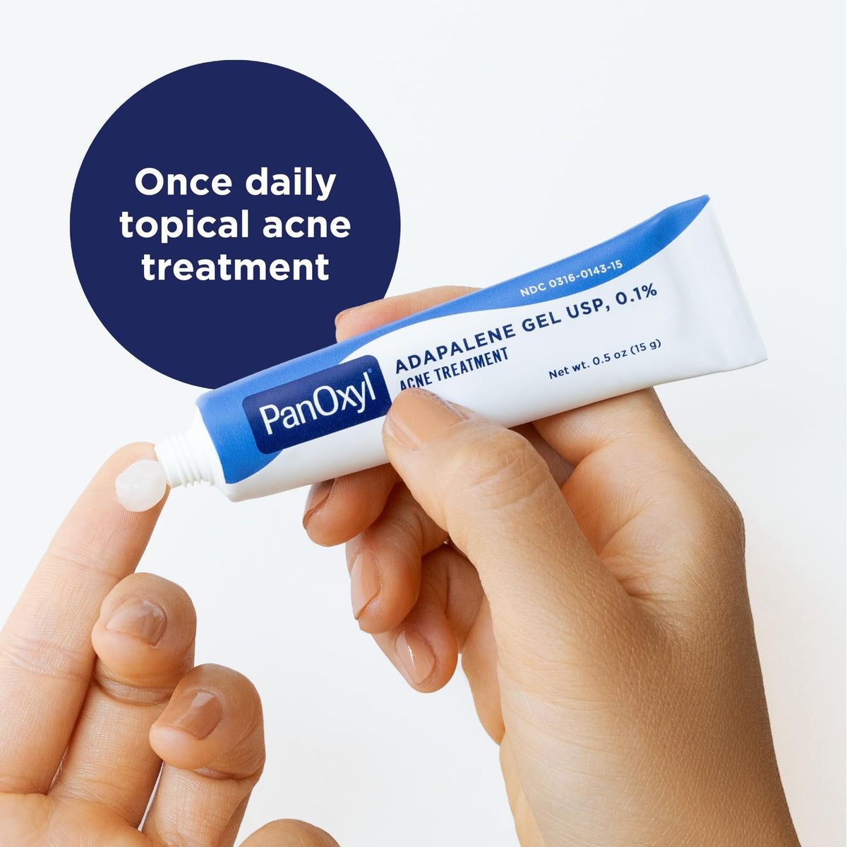 PanOxyl Adapalene Leave-On Gel, a daily acne treatment in original packaging, held by a hand with a small amount dispensed.