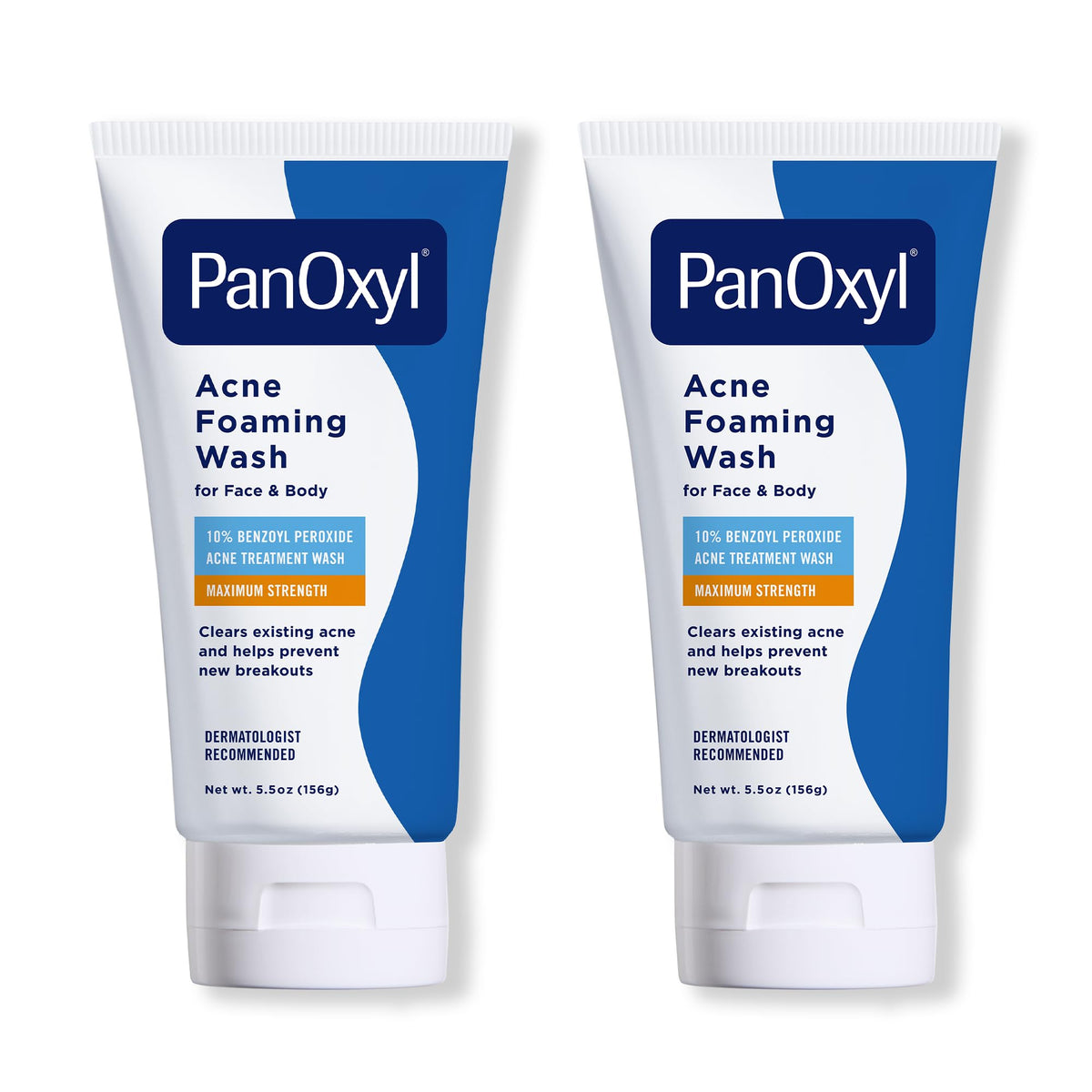 PanOxyl Acne Foaming Wash for face and body, featuring 10% Benzoyl Peroxide in original packaging. Dermatologist recommended.