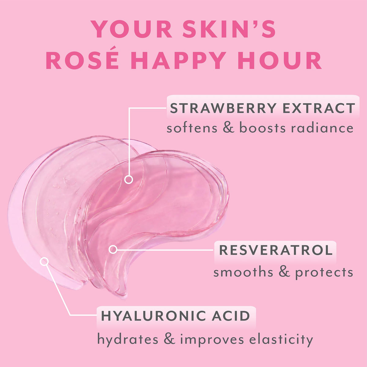 Premium imported Patchology Rosé Under Eye Patches featuring strawberry extract, resveratrol, and hyaluronic acid for vibrant skin.