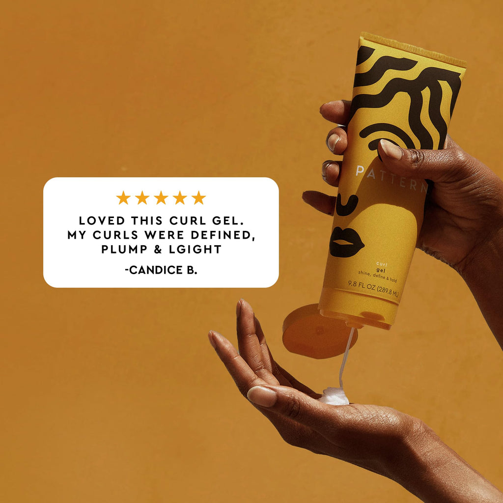 PATTERN Beauty curl gel in vibrant packaging, being held. Available online, perfect for defined, plump curls. Order now!