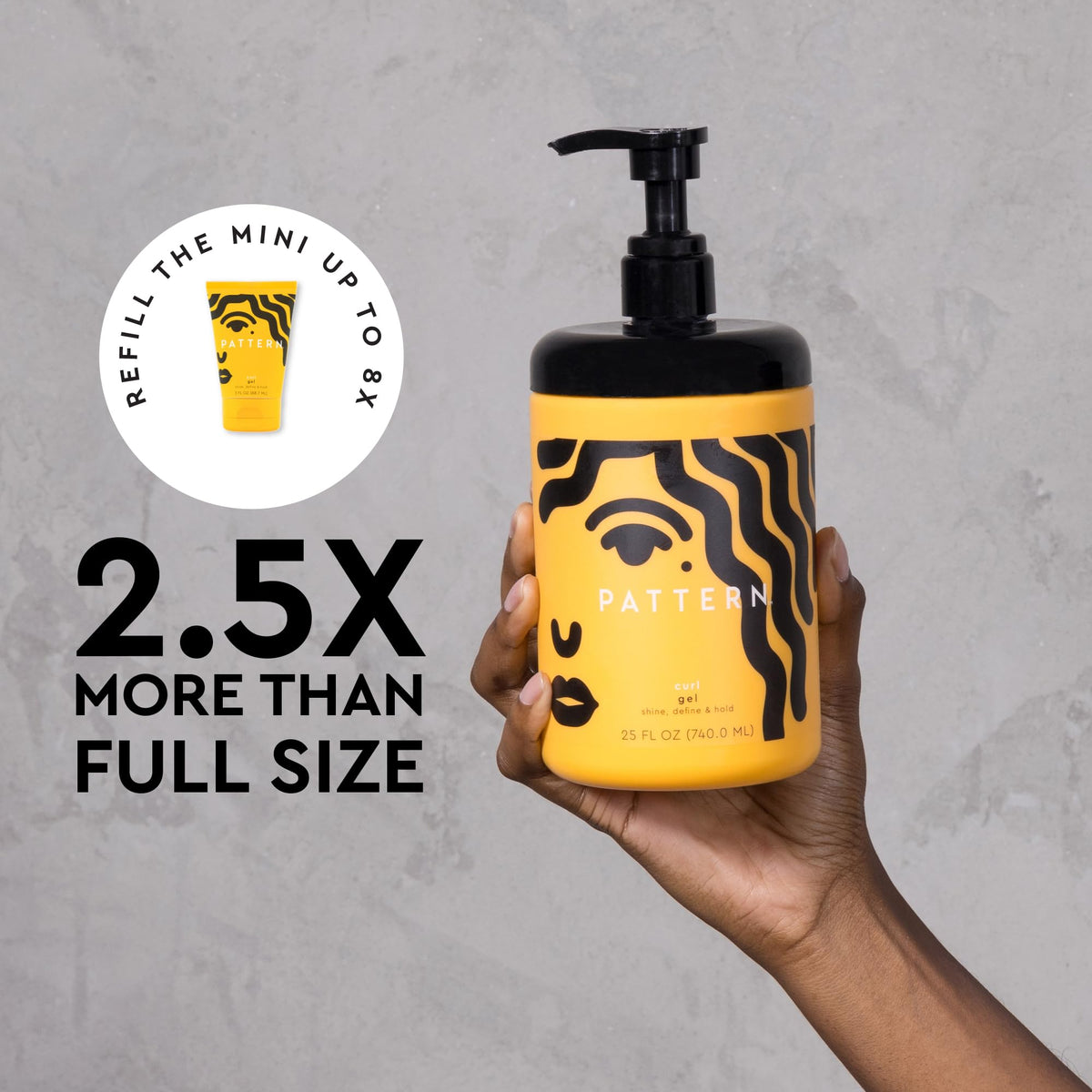 Hand holding a 25.5 oz bottle of PATTERN Beauty Curl cream, featuring a yellow label with an artistic design and pump. Verified by CuratCart.