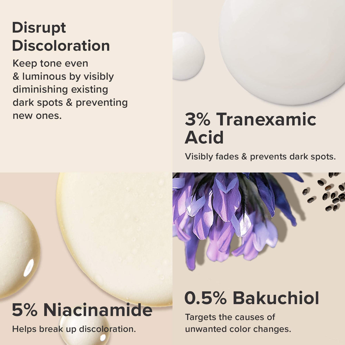 Premium imported serum featuring 3% Tranexamic Acid, 5% Niacinamide, and 0.5% Bakuchiol for visibly even skin tone.