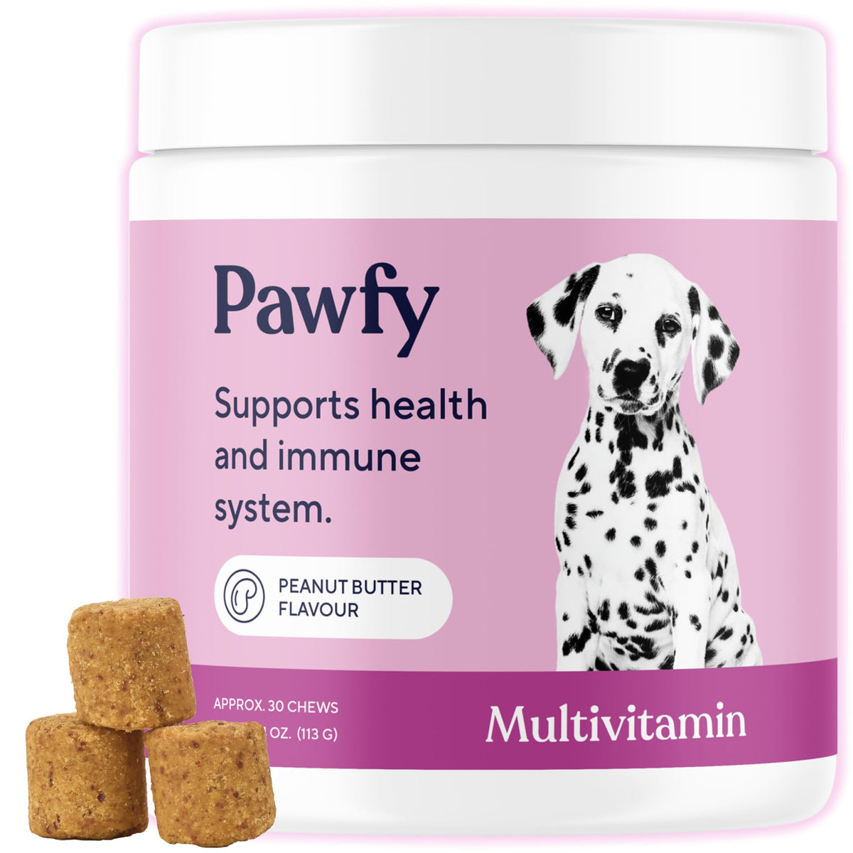 Pawfy Dog Multivitamin Chews, premium import, support health with peanut butter flavor. Available at Curat Cart.
