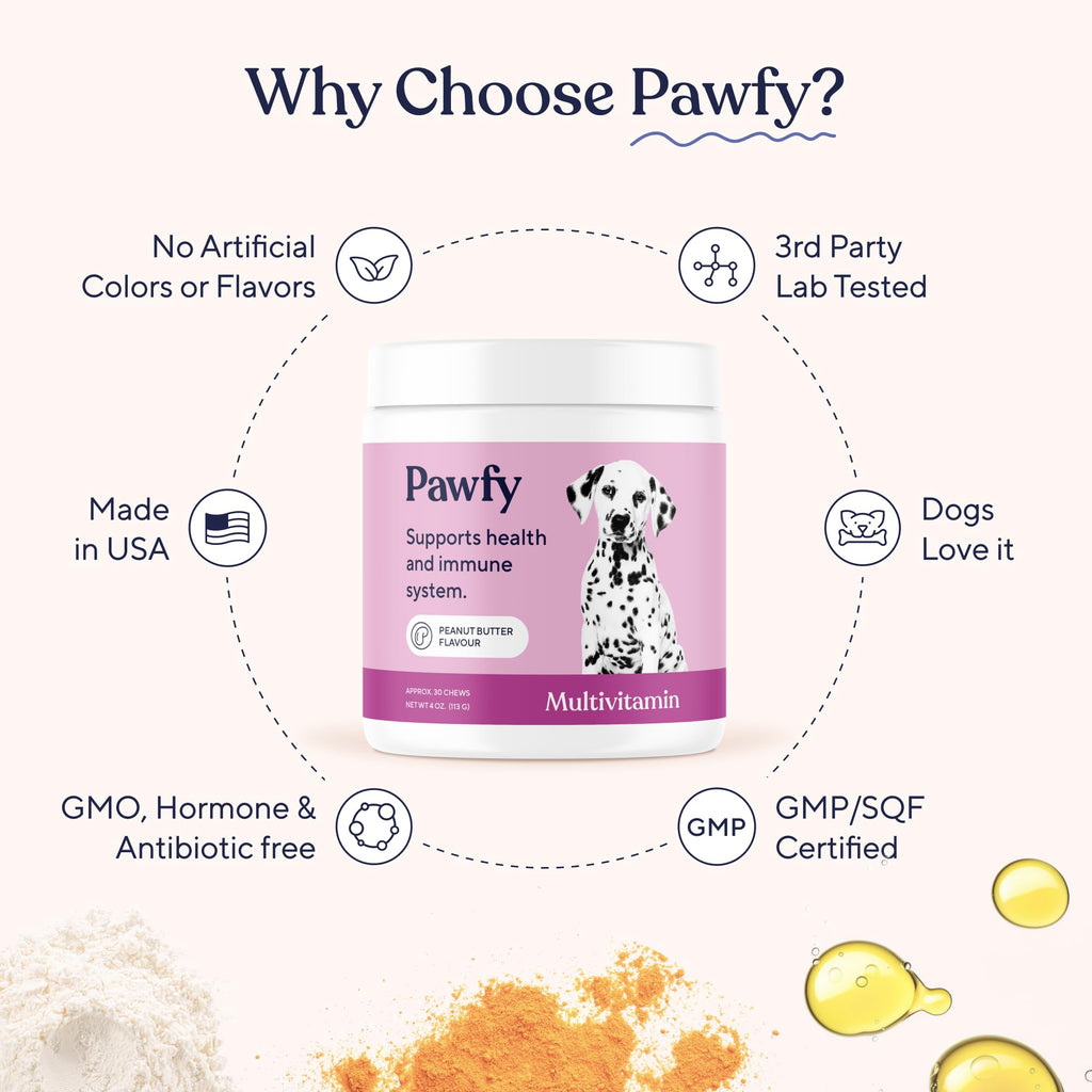 Pawfy Dog Multivitamin Chews, a premium imported product supporting health and immunity, available at Curat Cart.
