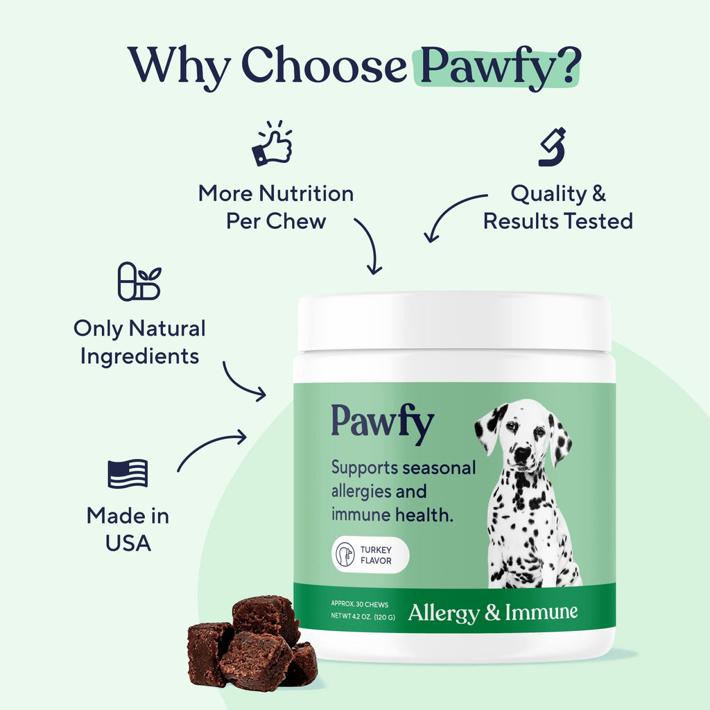Pawfy Dog Allergy Chews support seasonal allergies and immune health with natural ingredients. Perfect for daily use. Available at Curat Cart.
