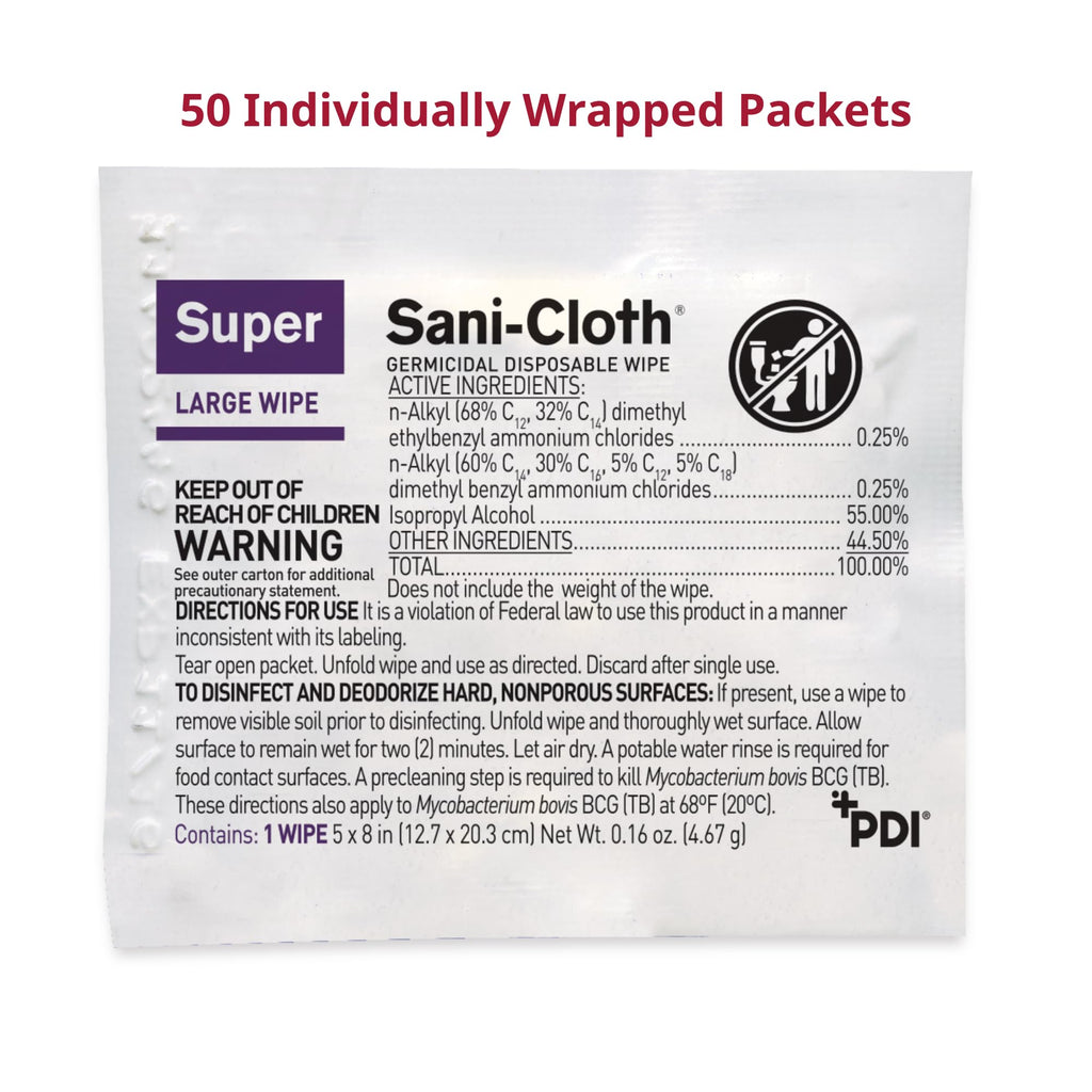 PDI Super Sani-Cloth Germicidal Wipe, specially curated by Curat Cart, offers effective sanitation in individually wrapped packets.
